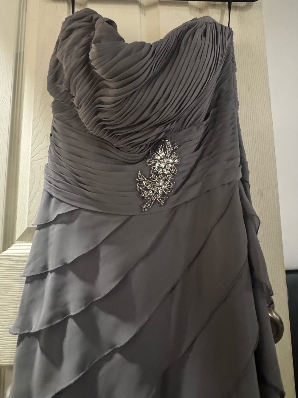 Strapless Gray Chiffon Evening Dress with Beaded Applique